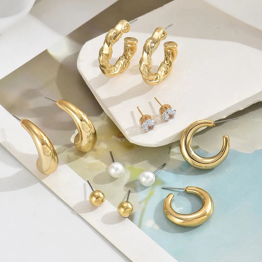 6Pcs Gold Plated C-Shape Hoop Earrings Set – Vintage Geometry Women’s Jewelry