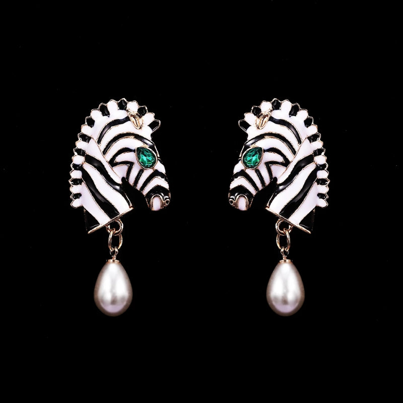 Zebra Head Pearl Drop Earrings – Statement Animal Jewelry for Women