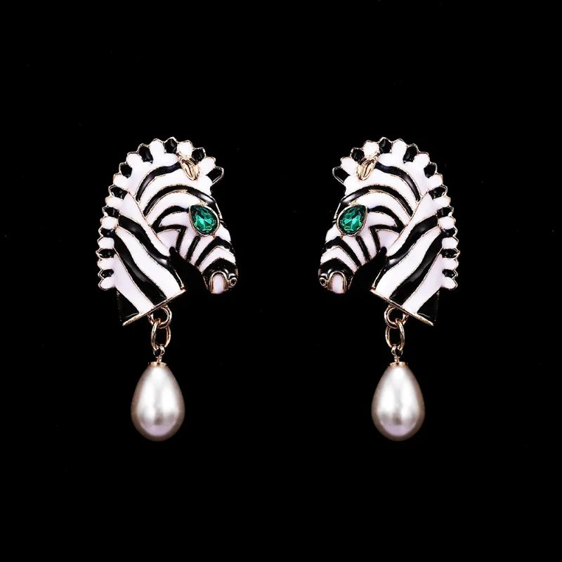Zebra Head Pearl Drop Earrings – Statement Animal Jewelry for Women