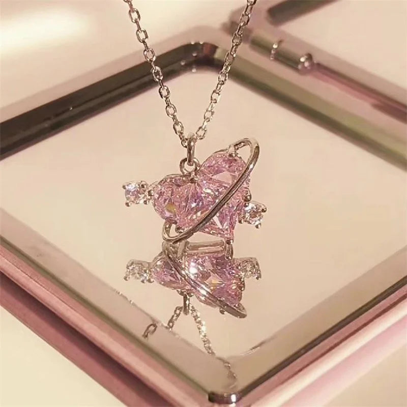 Y2K Pink Planet Heart Zircon Pendant Necklace – Aesthetic Clavicle Jewelry for Women