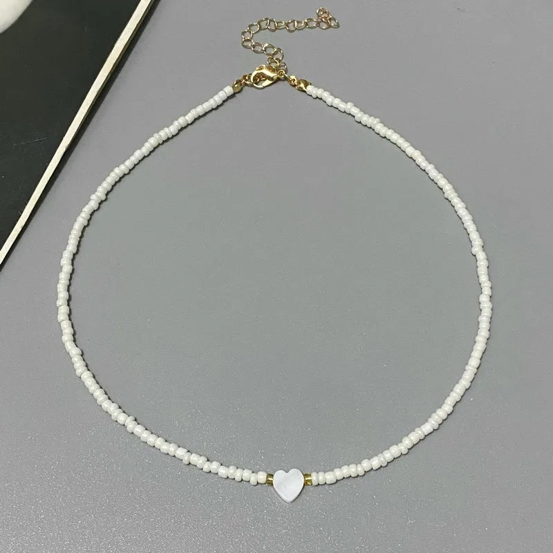 Nature Shell Love Heart Choker Necklace – Colorful Glass Beads Spring Summer Gift for Girls