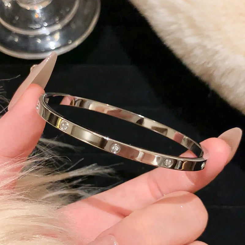 Titanium Steel Silver Bracelet with Zircon – Classic Stainless Steel Jewelry for Women