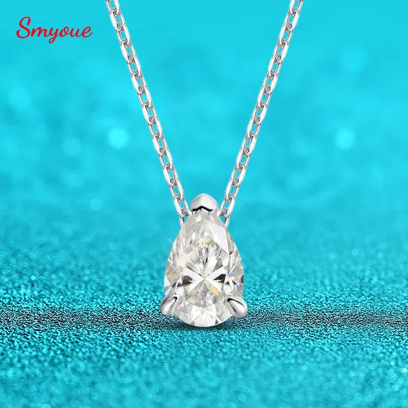 Smyoue Certified 1CT & 2CT Pear Cut Moissanite Necklace – 18K Gold Plated 925 Sterling Silver Pendant