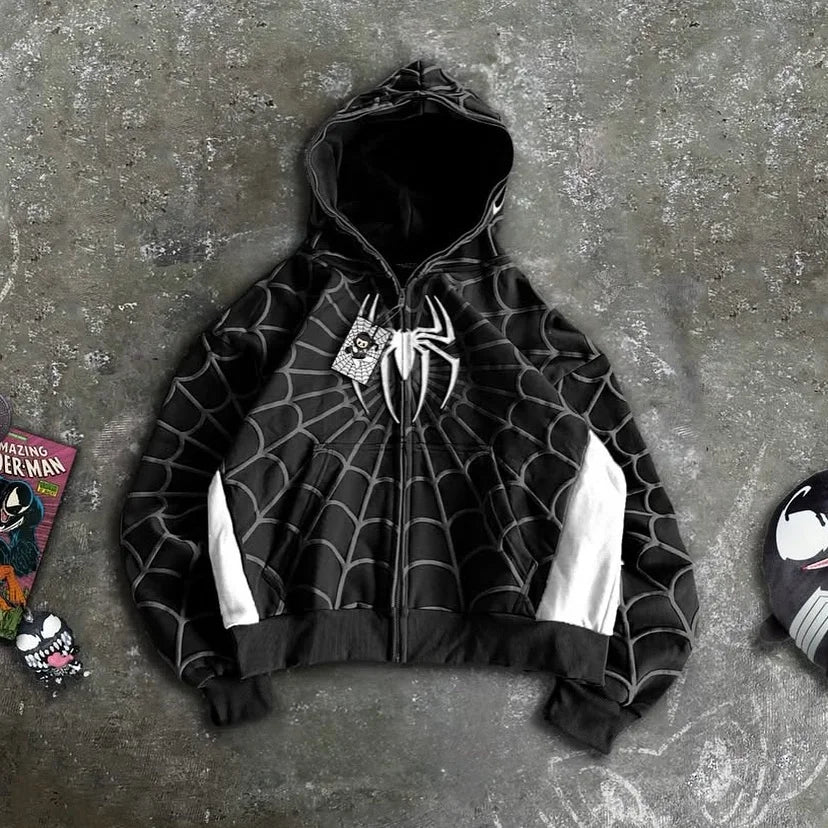 Spider Y2K Vintage Zip-Up Hoodie – Oversized Unisex Streetwear