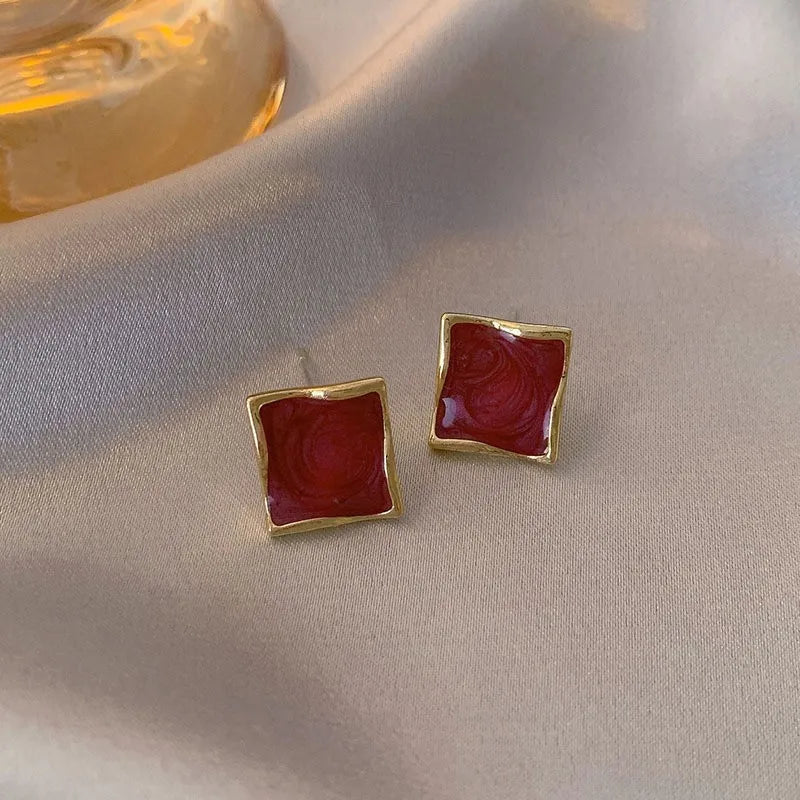 Wine Red Pearl Flower Heart Stud Earrings – Vintage Women’s Geometric Jewelry