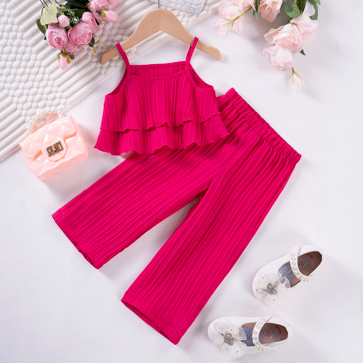 Girls Solid Color Suspenders Dress Set – Ruffles Top & Wide Leg Pants, Elegant Summer Outfit