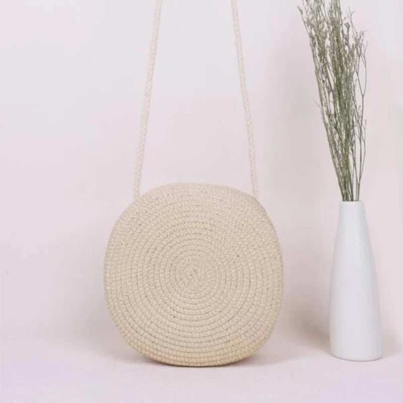 Round Straw Woven Beach Crossbody Bag – Cute Rattan Shoulder Handbag for Women