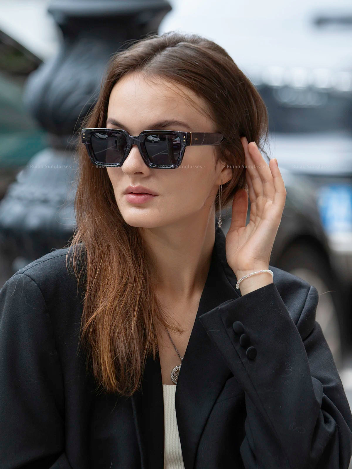 Ruiao 2025 Luxury Premium Black Designer Square Sunglasses – Unisex for Men & Women