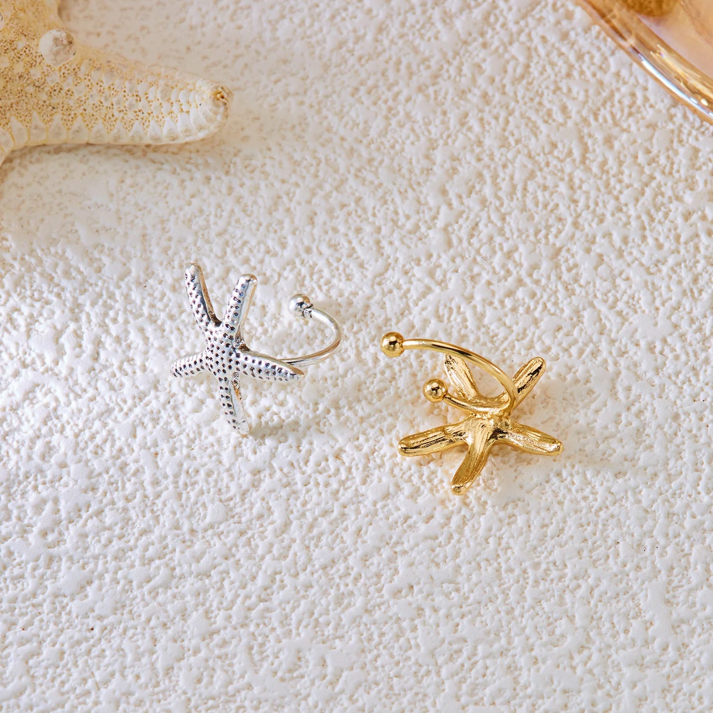 Boho Starfish Shell Ear Cuffs – Asymmetrical Beach Party Earrings for Women