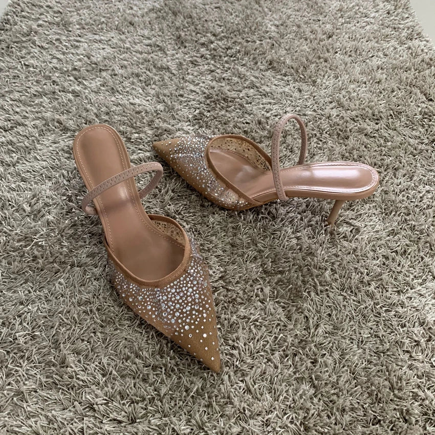 Rhinestone Mesh High Heels – Elegant Summer Slingback Pointed Toe Party Pumps for Women
