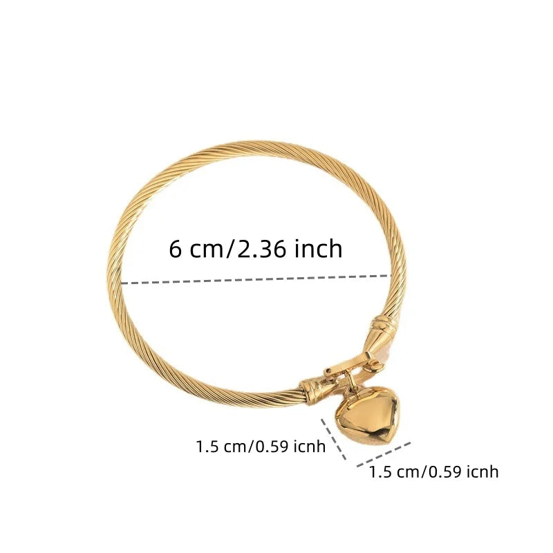 18K Gold Stainless Steel Heart Charm Bangle – Unisex Bracelet