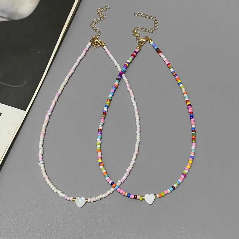 Nature Shell Love Heart Choker Necklace – Colorful Glass Beads Spring Summer Gift for Girls