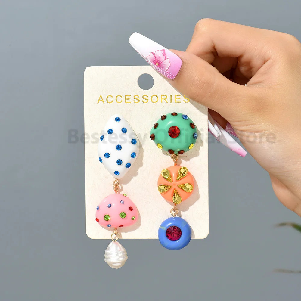 Cute Multicolor Resin Dangle Earrings – Asymmetrical Rhinestone Women’s Jewelry