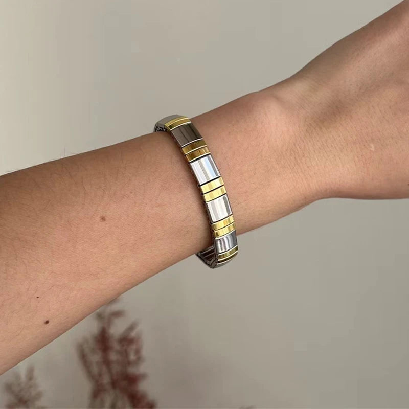 Loe Titanium Steel Gold Plated Heart Elastic Bracelet – Punk Hip Hop Jewelry for Women