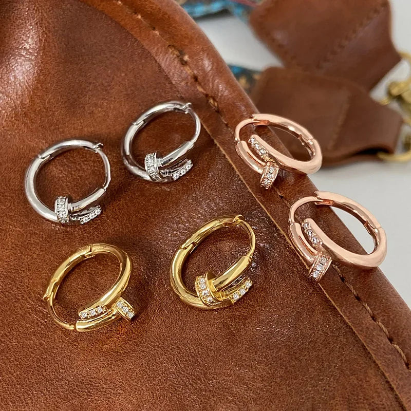 925 Sterling Silver Zircon Nail Hoop Earrings – Minimalist Trendy Jewelry for Women