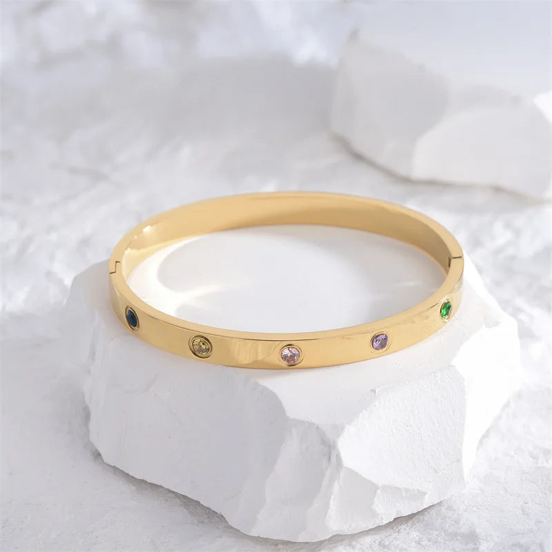 2023 Gold Zircon Cross Nail Bracelet – Stainless Steel Bangle for Women
