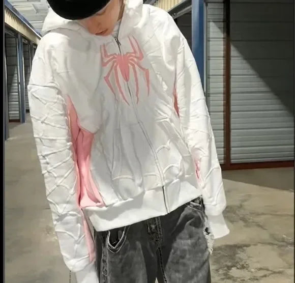 Unisex Spider Print Zip Up Hoodie – Y2K Harajuku Streetwear Jacket