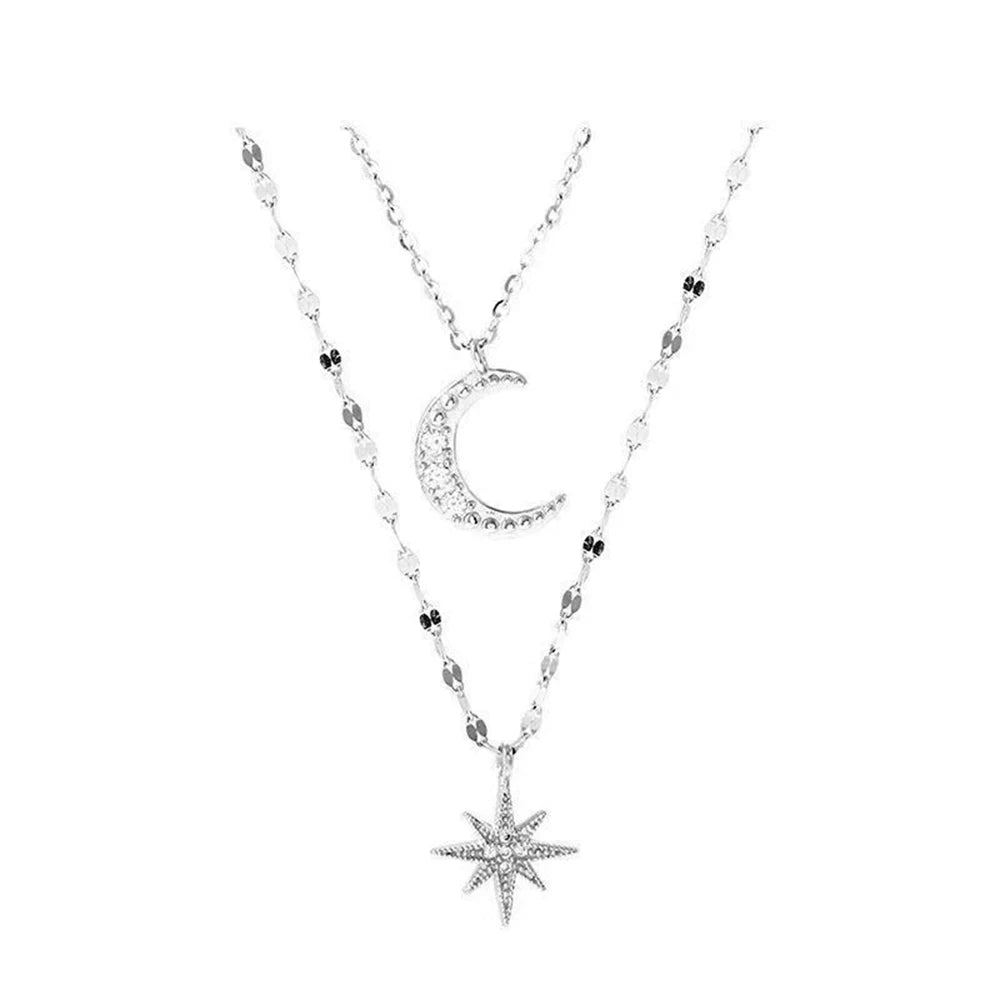 Double Layer Star & Moon Necklace – Delicate Zircon Women’s Jewelry
