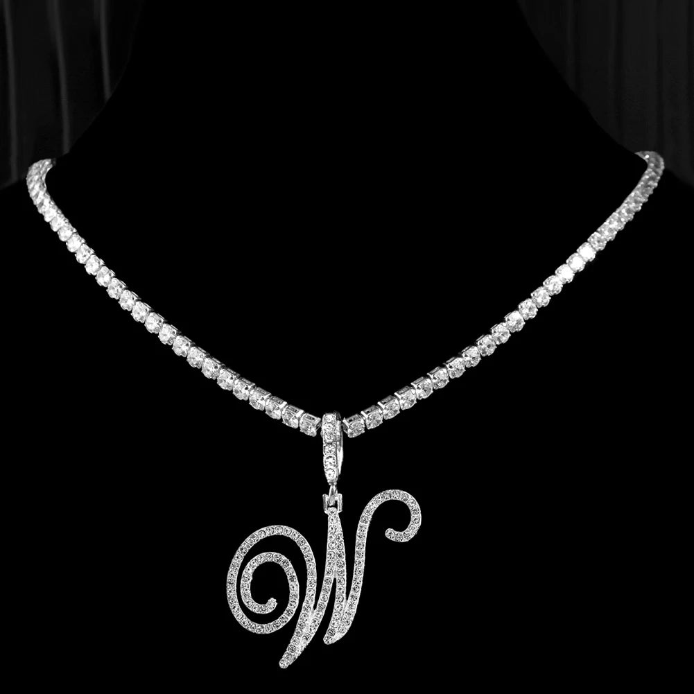 Cursive Letter Name Necklace – CZ Alphabet Pendant Hip Hop Jewelry