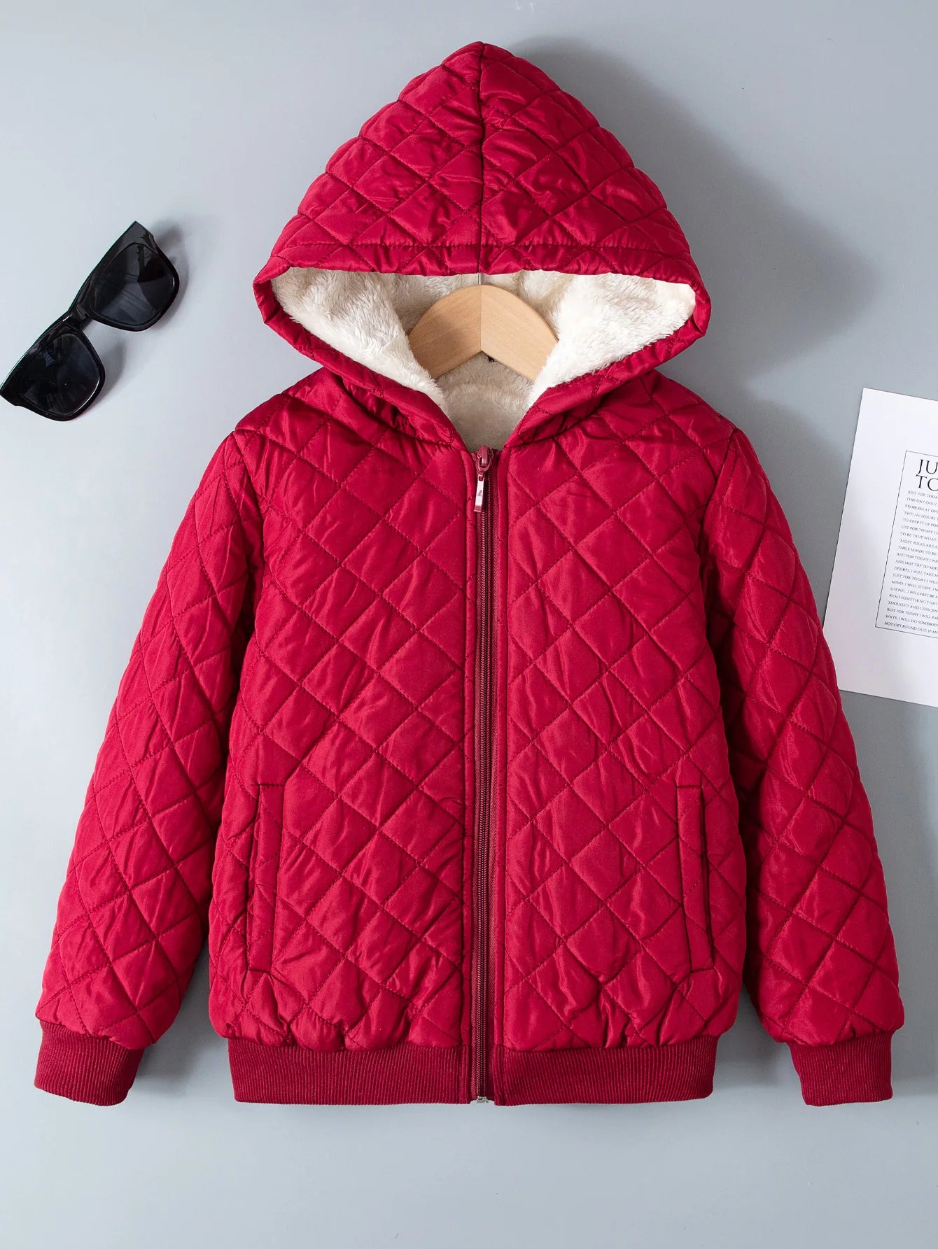 Kids Boys Teddy Lined Hooded Argyle Quilted Coat Fleece Zipper Artificial Jacket