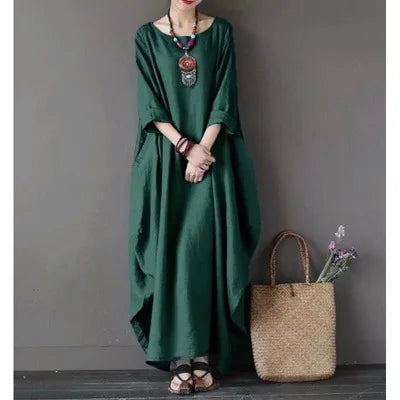 Vintage Cotton Linen Maxi Dress – Loose Fit & Summer Style