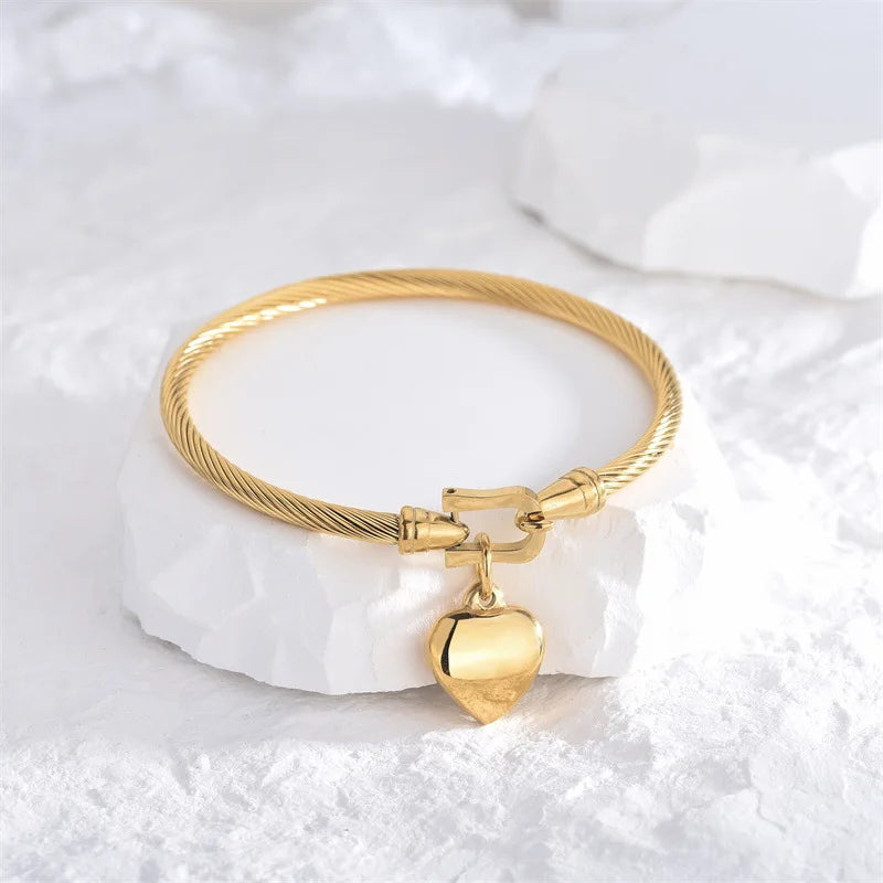 18K Gold Stainless Steel Heart Charm Bangle – Unisex Bracelet