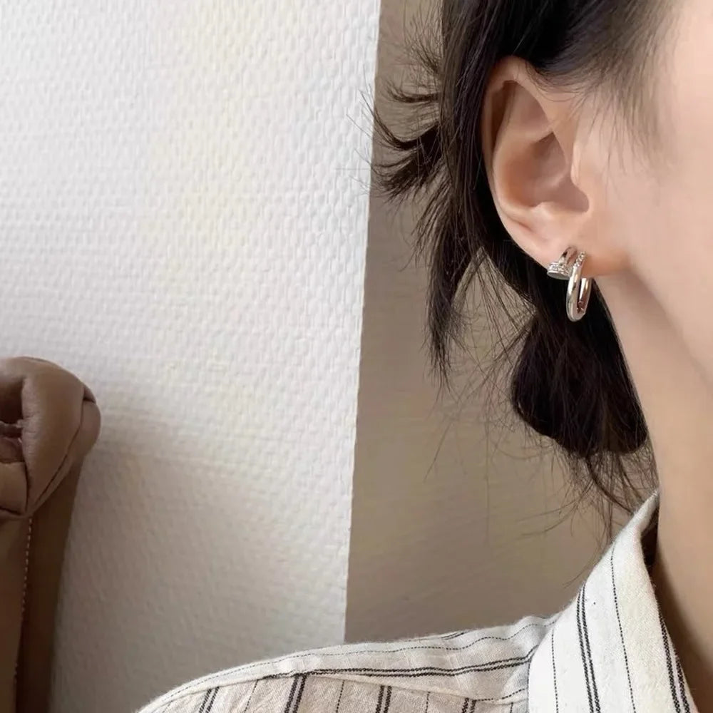 925 Sterling Silver Zircon Nail Hoop Earrings – Minimalist Trendy Jewelry for Women