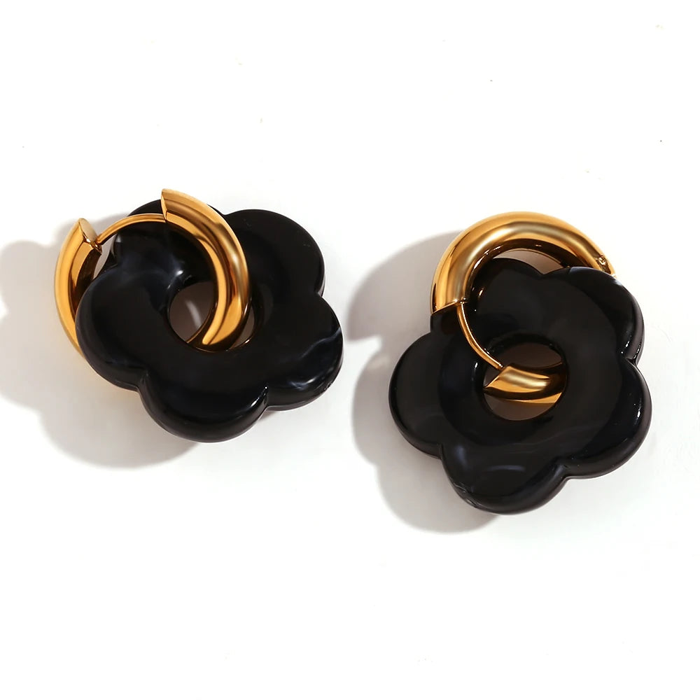 Colorful Resin Flower Hoop Earrings – Waterproof Stainless Steel Women’s Jewelry