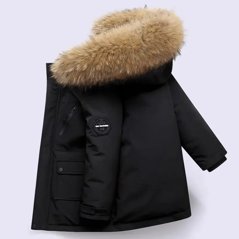 Winter Boys Hooded Jacket – Warm Thicken Fur Collar Zipper Outerwear 5–14Y
