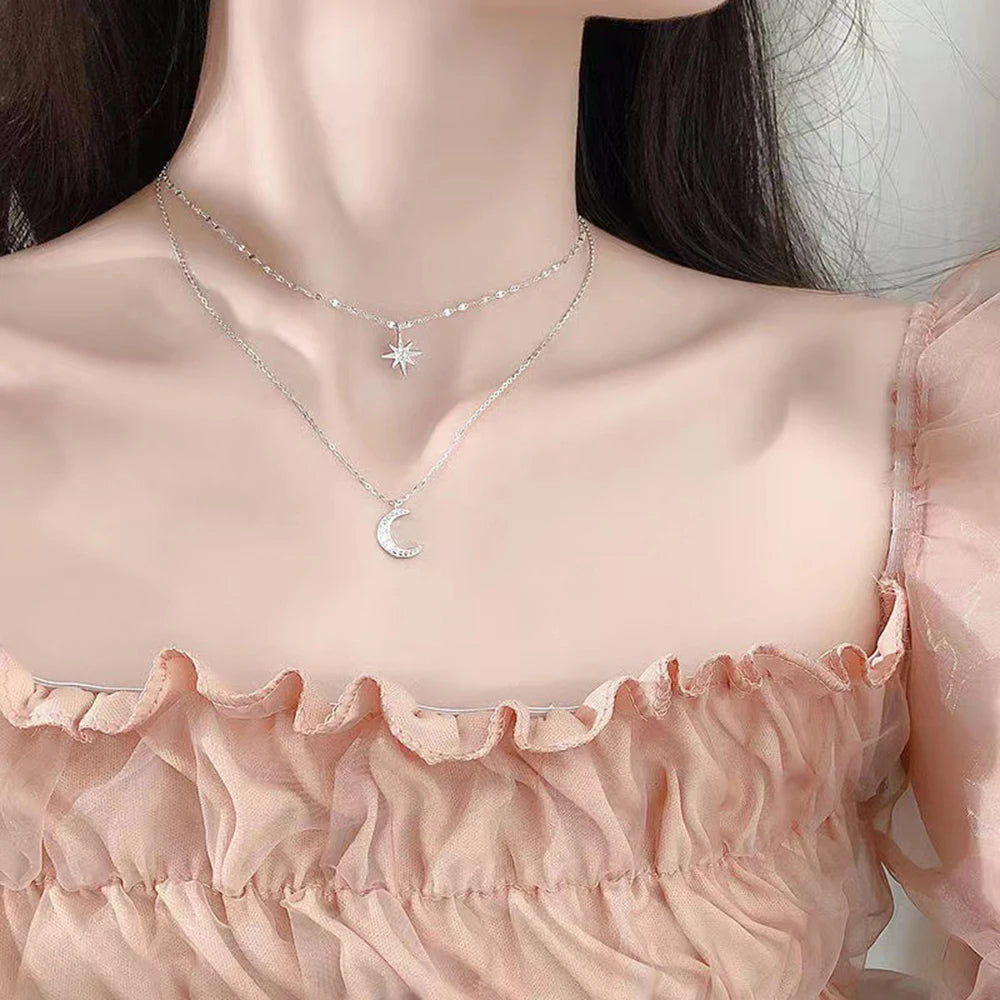 Double Layer Star & Moon Necklace – Delicate Zircon Women’s Jewelry