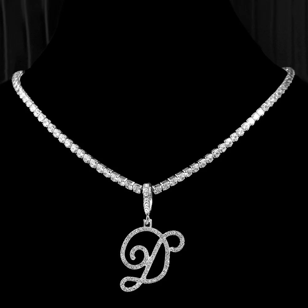 Cursive Letter Name Necklace – CZ Alphabet Pendant Hip Hop Jewelry