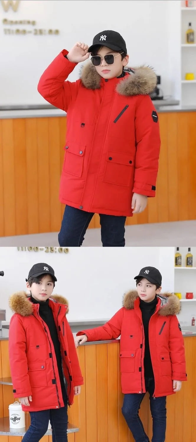 Winter Boys Hooded Jacket – Warm Thicken Fur Collar Zipper Outerwear 5–14Y