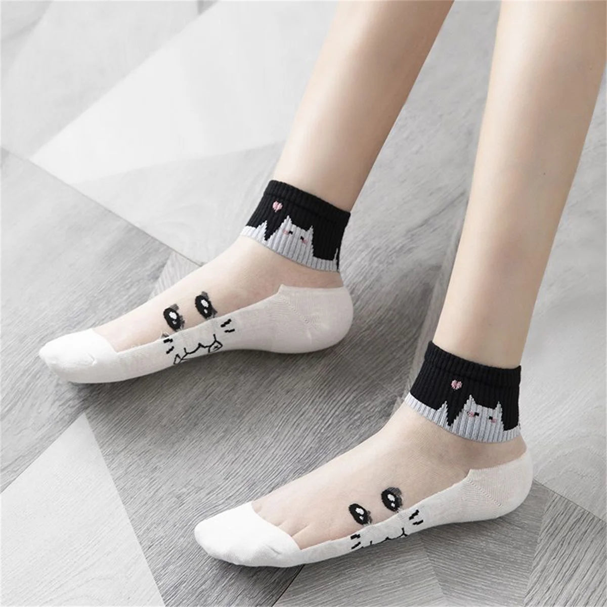 Sheer Cat Print Ankle Socks – 5 Pairs Breathable Summer Set