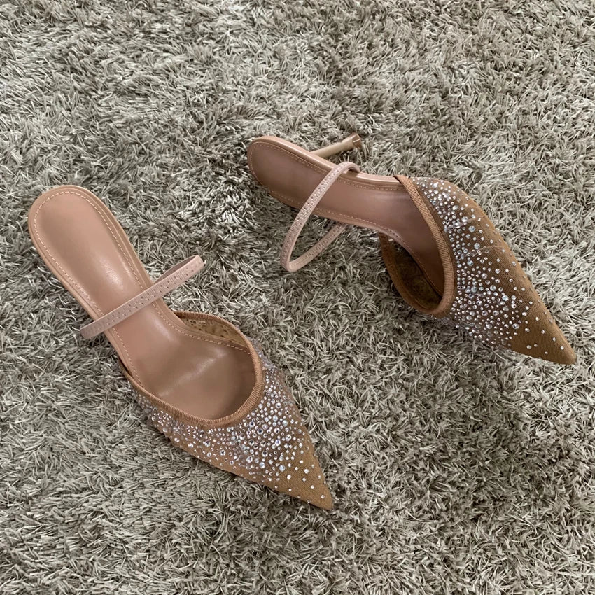 Rhinestone Mesh High Heels – Elegant Summer Slingback Pointed Toe Party Pumps for Women