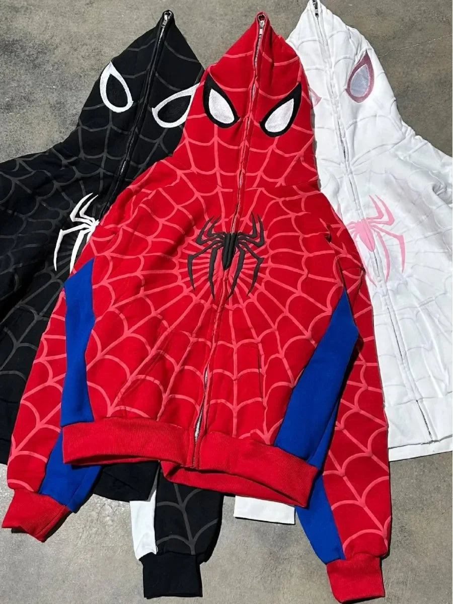Y2K Red Spider Web Hoodie – Foam Print Harajuku Punk Grunge Zip-Up Sweatshirt for Women.