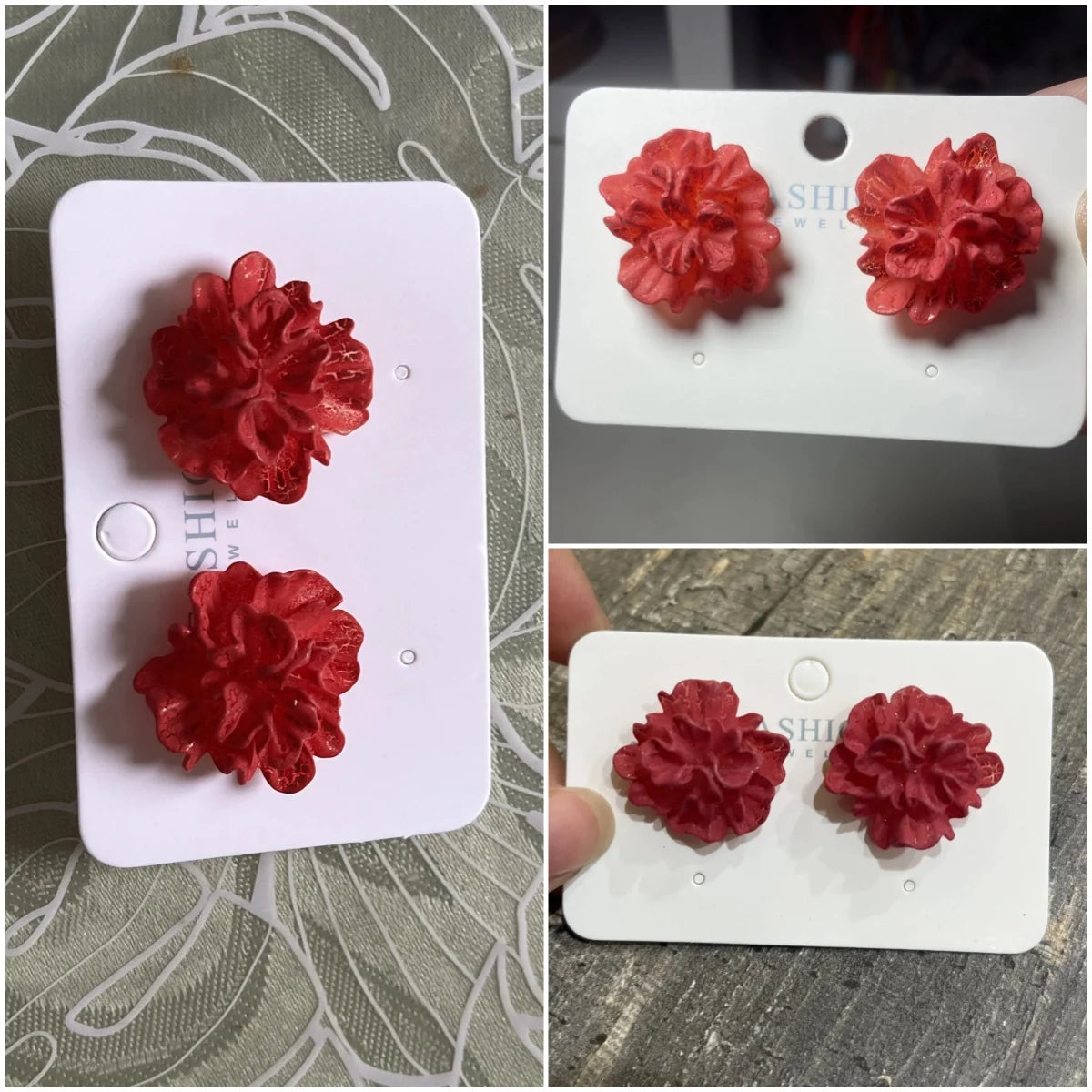 White & Red Flower Stud Earrings – Trendy Acrylic Women’s Wedding Jewelry