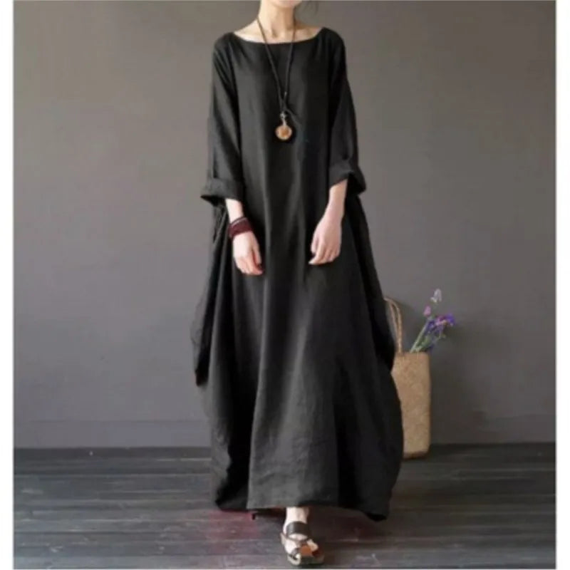 Vintage Cotton Linen Maxi Dress – Loose Fit & Summer Style