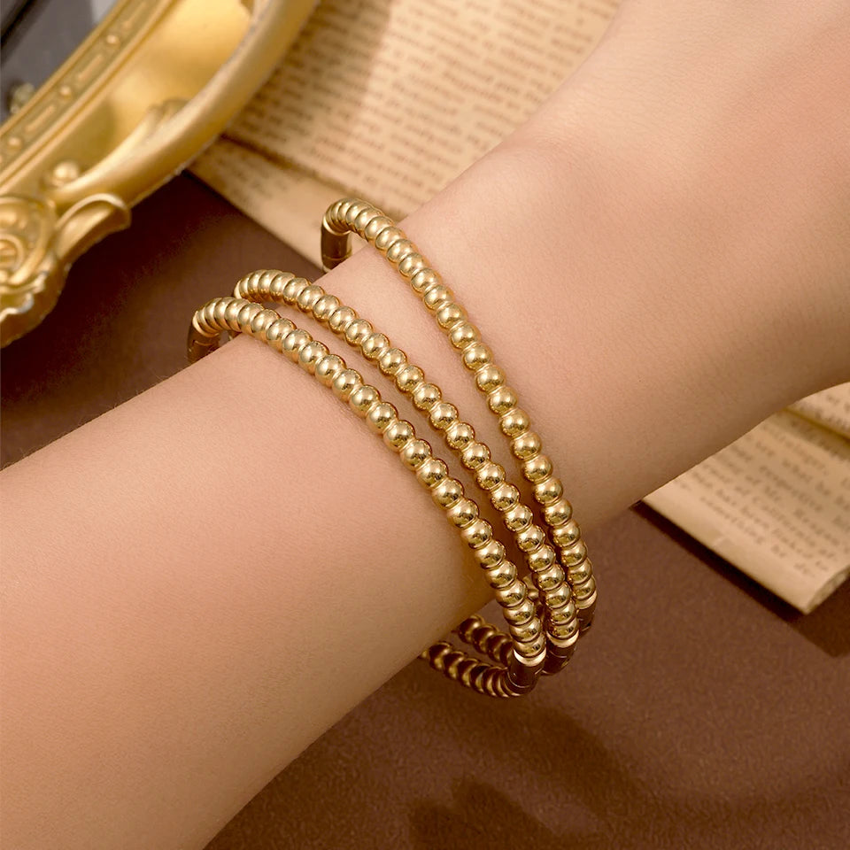Stainless Steel Golden Bead Bracelet – Adjustable Women’s Fashion Jewelry