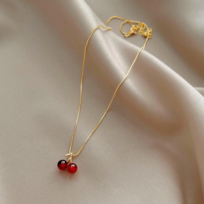 Gold Stainless Steel Wine Red Cherry Pendant Necklace – Fashion Jewelry for Women