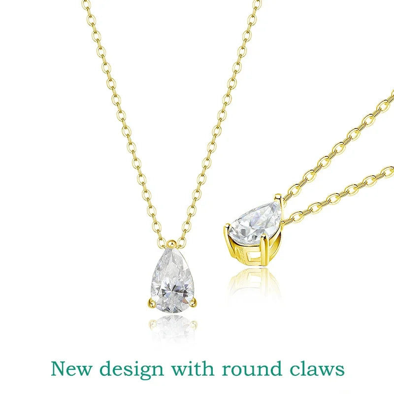 Smyoue Certified 1CT & 2CT Pear Cut Moissanite Necklace – 18K Gold Plated 925 Sterling Silver Pendant