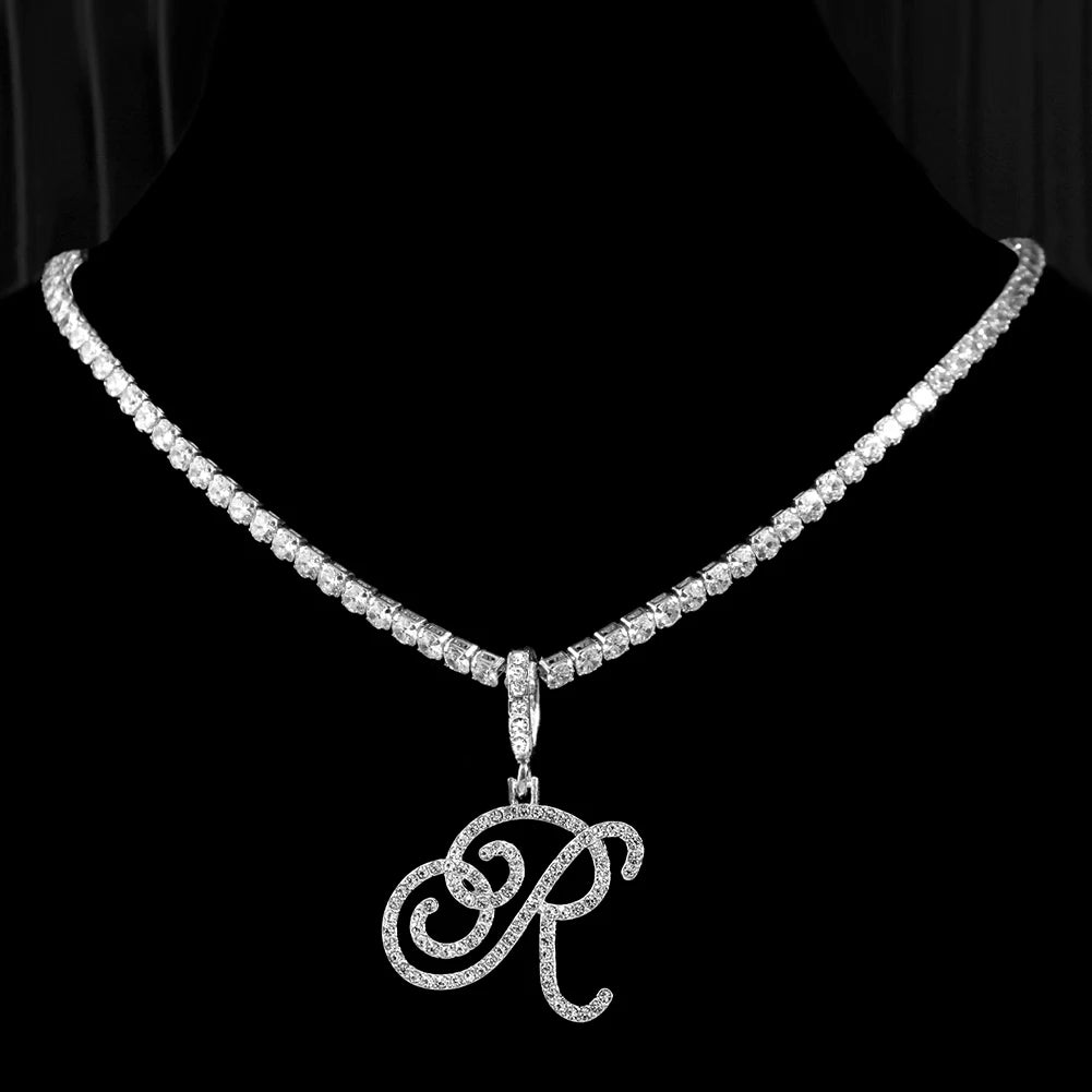Cursive Letter Name Necklace – CZ Alphabet Pendant Hip Hop Jewelry