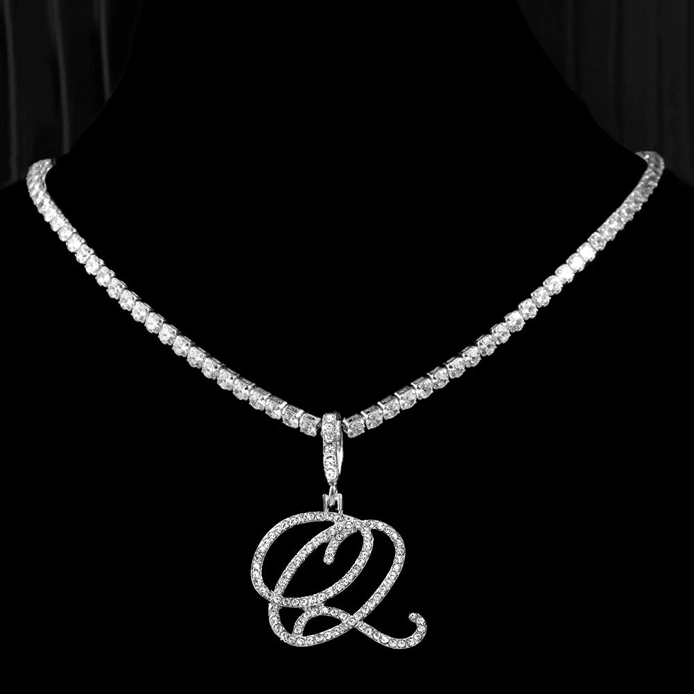 Cursive Letter Name Necklace – CZ Alphabet Pendant Hip Hop Jewelry