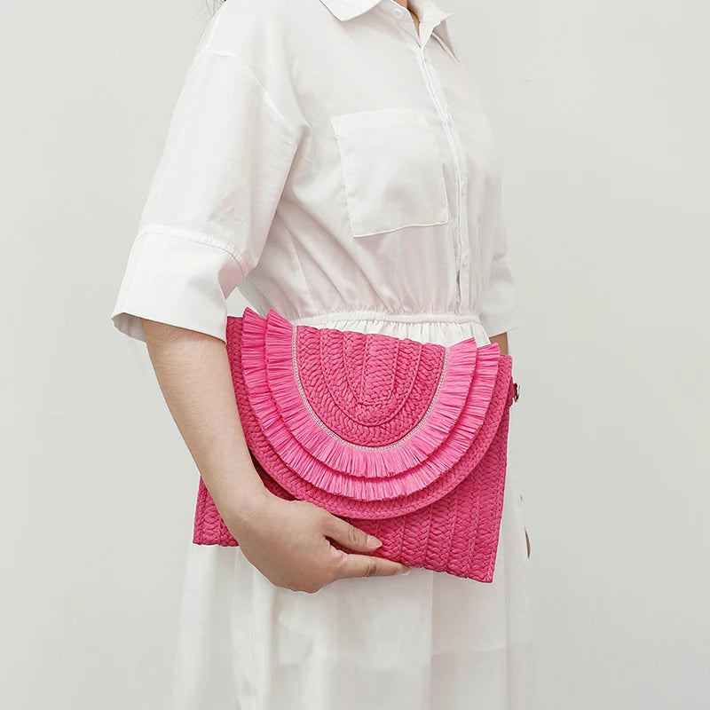 Raffia Straw Woven Wrist Clutch & Shoulder Crossbody Bag – Handmade Summer Beach Purse for Women