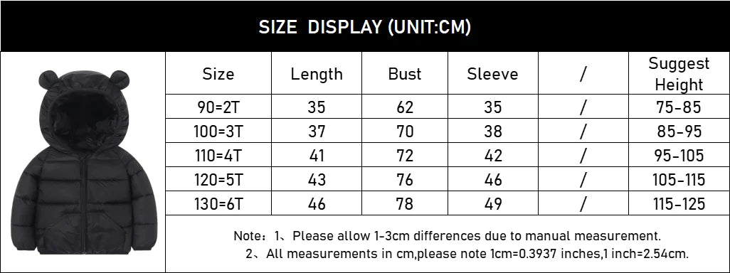Autumn Winter Kids Down Jacket – Warm Hooded Zipper Coat 2–6Y Boys Girls Outerwear
