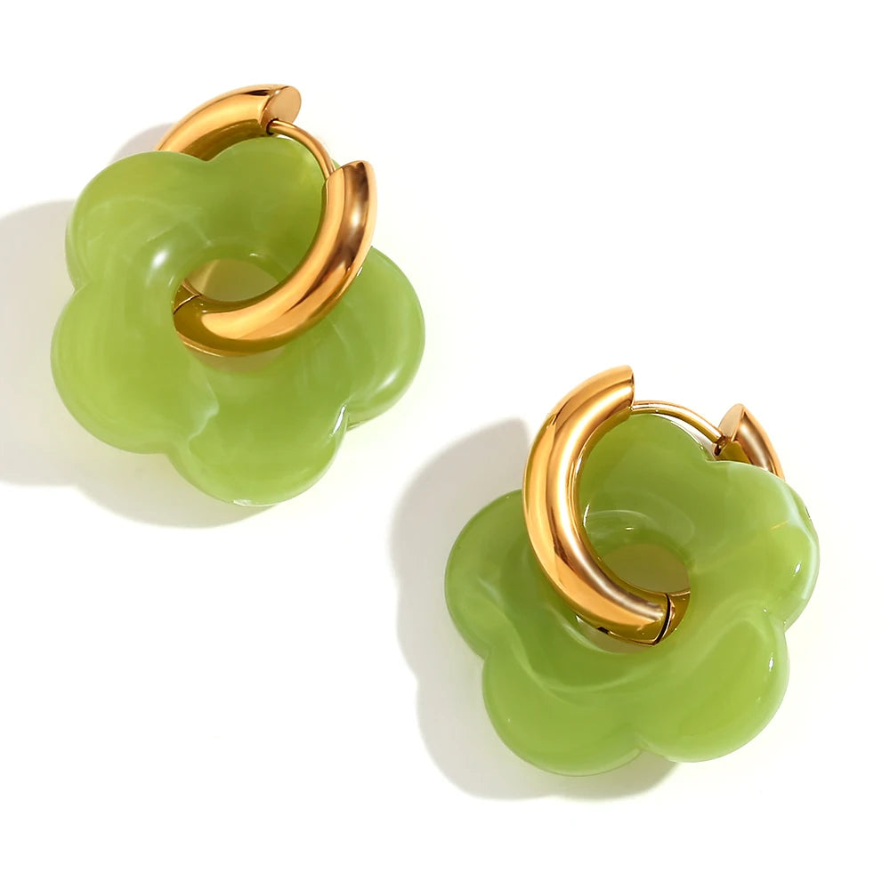 Colorful Resin Flower Hoop Earrings – Waterproof Stainless Steel Women’s Jewelry