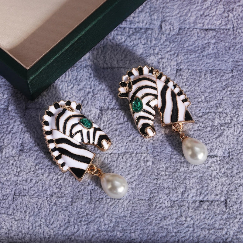 Zebra Head Pearl Drop Earrings – Statement Animal Jewelry for Women