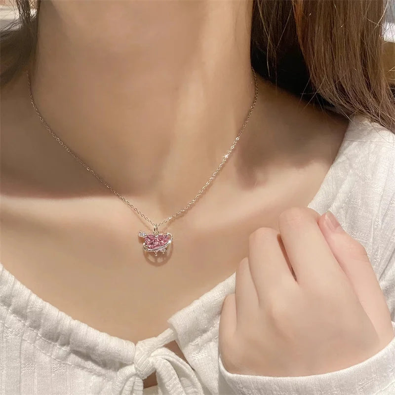 Y2K Pink Planet Heart Zircon Pendant Necklace – Aesthetic Clavicle Jewelry for Women