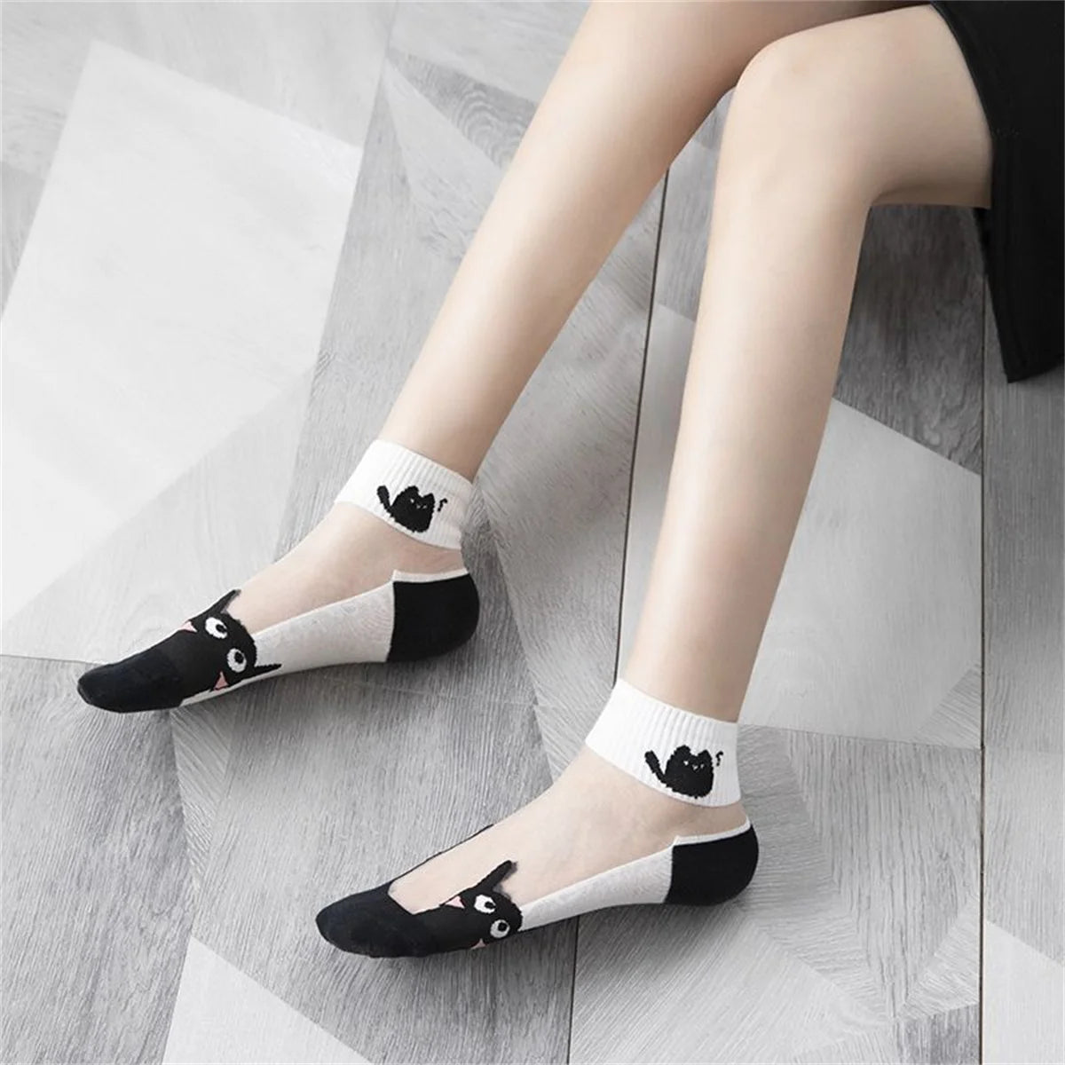 Sheer Cat Print Ankle Socks – 5 Pairs Breathable Summer Set