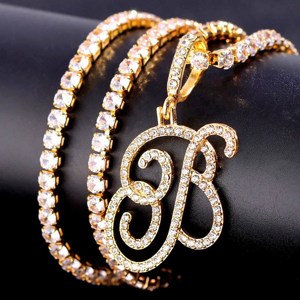 Cursive Letter Name Necklace – CZ Alphabet Pendant Hip Hop Jewelry