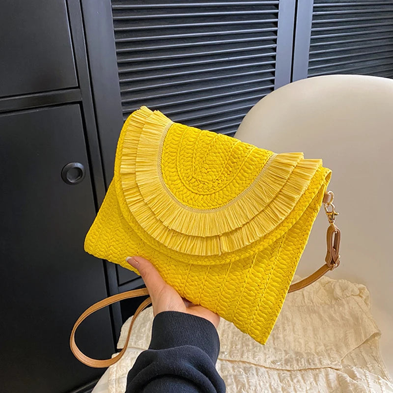 Raffia Straw Woven Wrist Clutch & Shoulder Crossbody Bag – Handmade Summer Beach Purse for Women